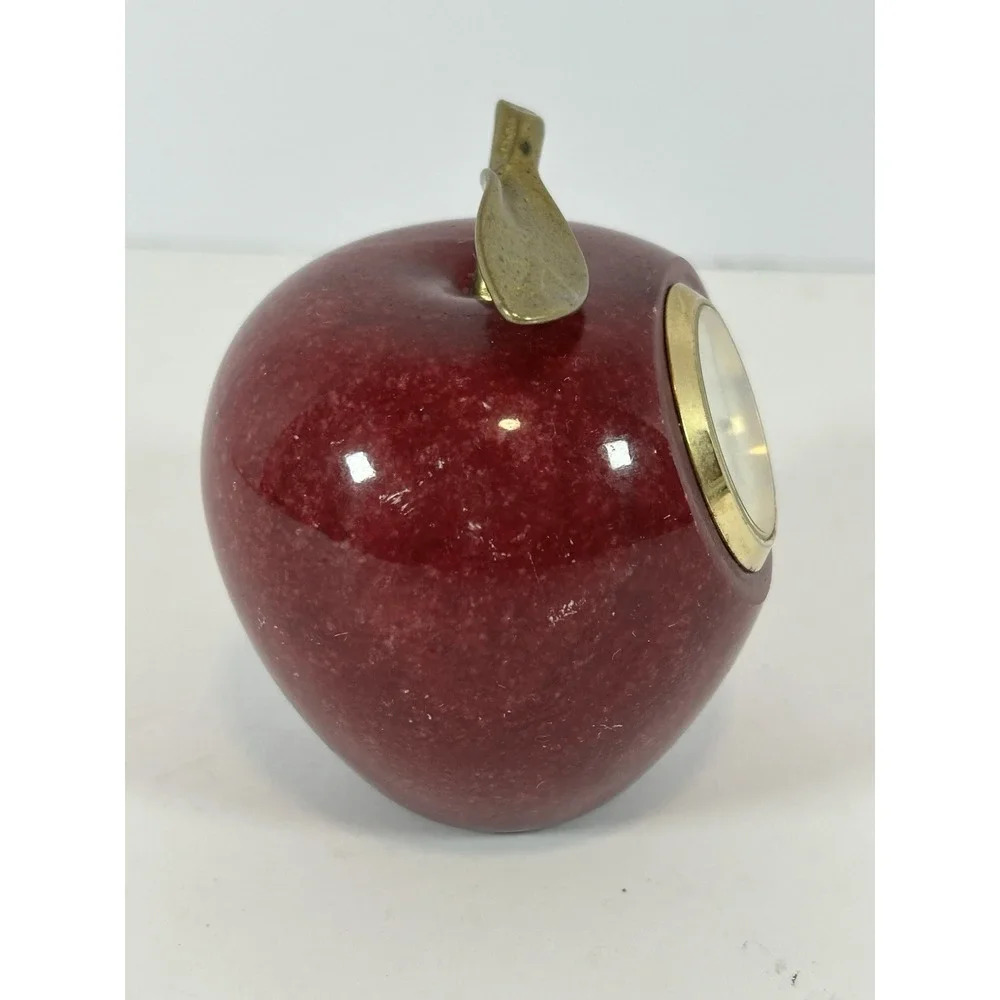 Vintage Red Apple Quartz Clock‎ Marble Alabaster Paperweight Desk Teacher